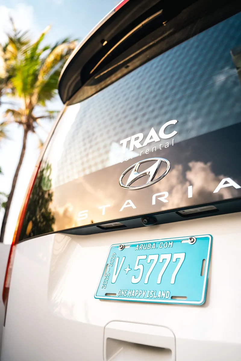 The back of TRAC's Hyundai Staria, with the TRAC sticker on the window